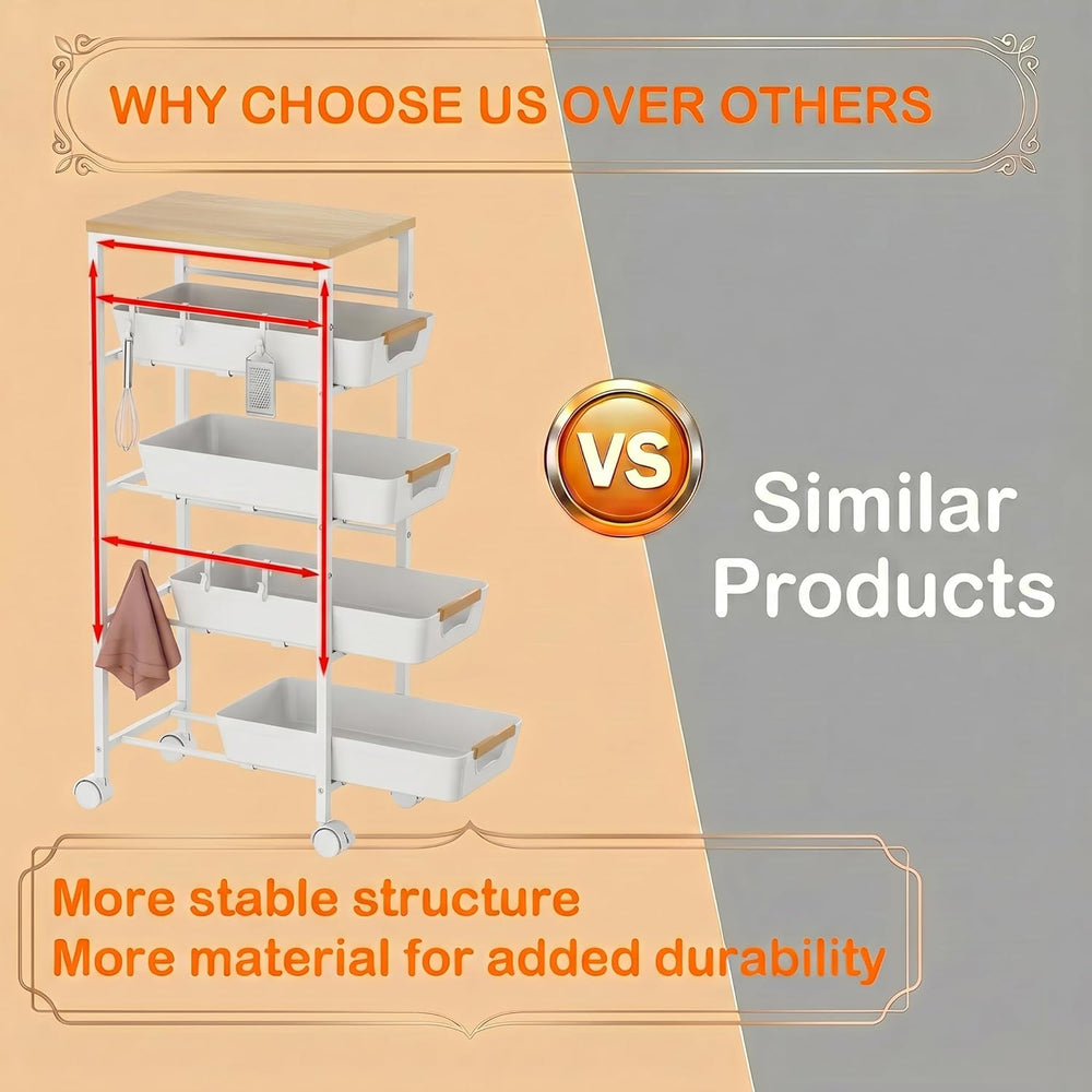 5-Tier Slim Storage Cart, Wooden Top Rolling Kitchen Cart with Pull-Out Baske...