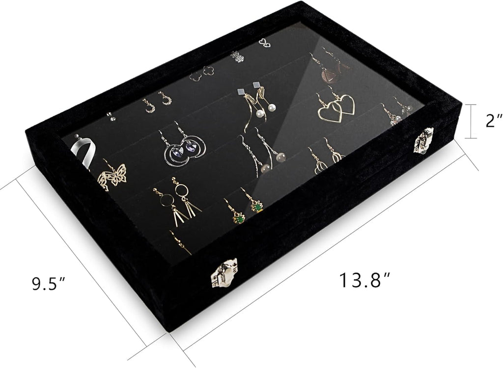 Frebeauty Earring Organizer Tray with Clear Lid 64 Slots Velvet Drawer Insert Earring Storage box with Transparent Glass lid Jewelry Display Case with lock Gifts for Women (Black, Earrings)