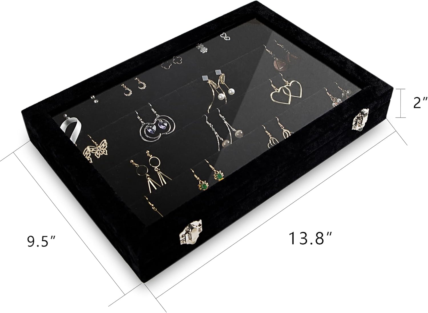 Frebeauty Earring Organizer Tray with Clear Lid 64 Slots Velvet Drawer Insert Earring Storage box with Transparent Glass lid Jewelry Display Case with lock Gifts for Women (Black, Earrings)