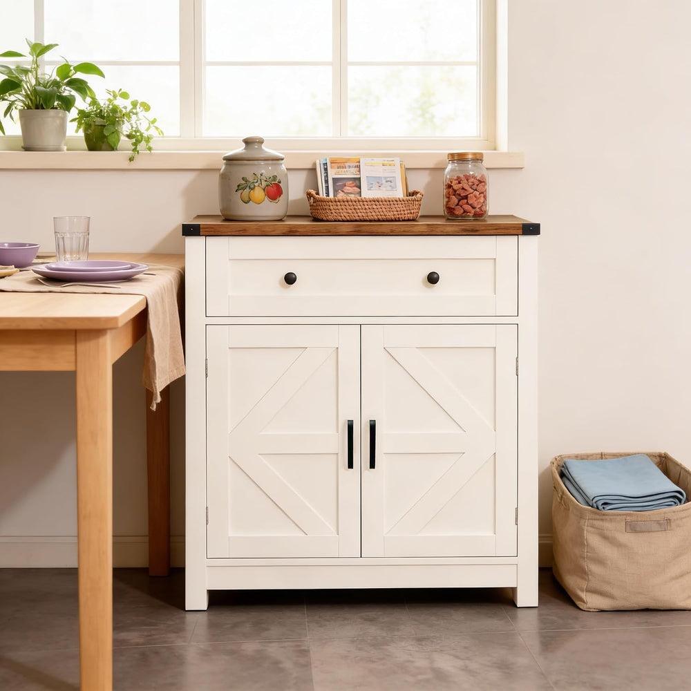 Farmhouse Barn Door Storage Cabinet with Drawer, White Wood Grain Coffee Bar ...