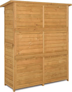 Outvita Outdoor Storage Cabinet with Waterproof Roof, Double Lockable Doors Garden Shed with 2 Removable Shelves, Wooden Storage Shed with Large Storage Space for Yard Garge Patio Deck Porch（Natural）