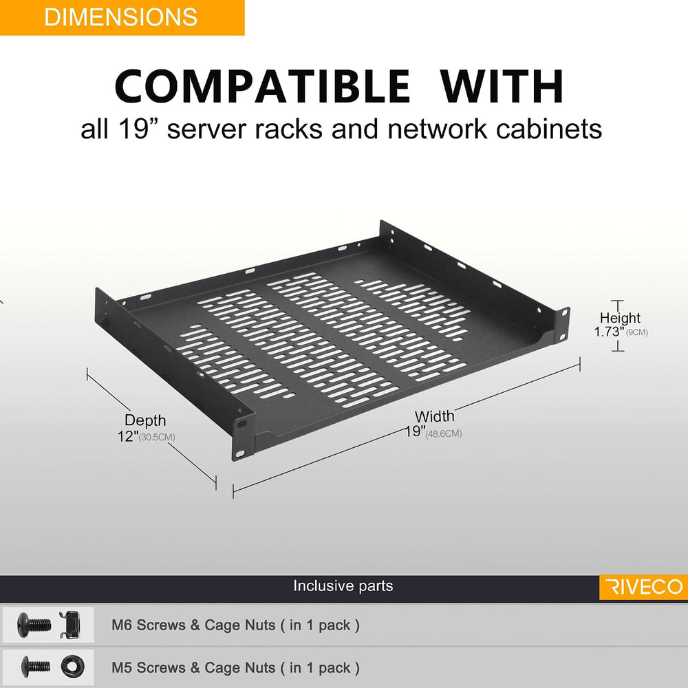 RIVECO 2 PCS 12” Rack Shelves for 19 inches Network Rack & Cabinets, 1U R...