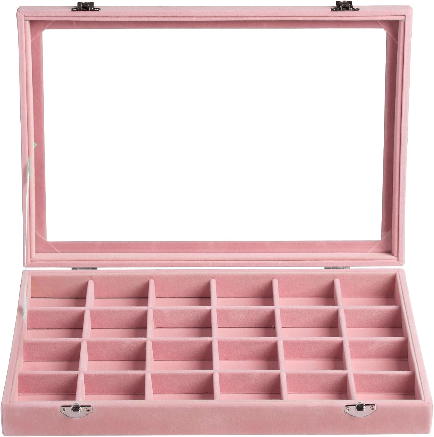 Frebeauty Jewelry Organizer Tray with Clear Lid 24 Grid Velvet Drawer Insert Jewelry Storage box with Transparent Glass lid Jewelry Display Case with Lock Gifts for Girls Women (Pink, 24 Grid)