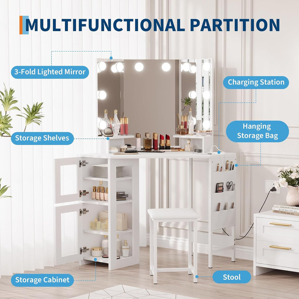 Garvee Corner Vanity Desk and Stool, Corner Makeup Vanity Set with Light | wi...