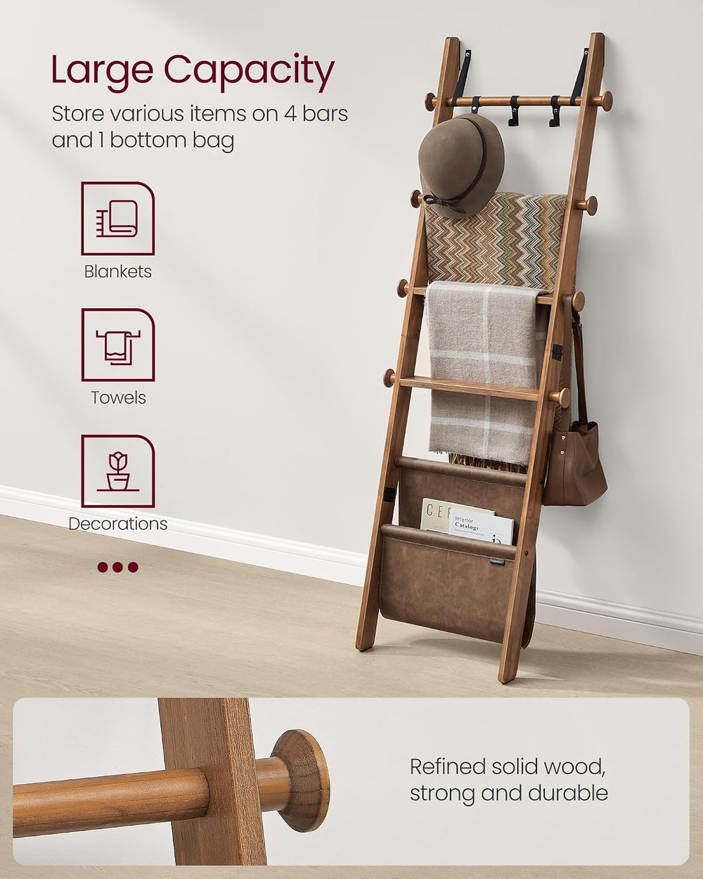VASAGLE Blanket Ladder for Living Room, 5-Tier Wooden Ladder Shelf, Decorativ...
