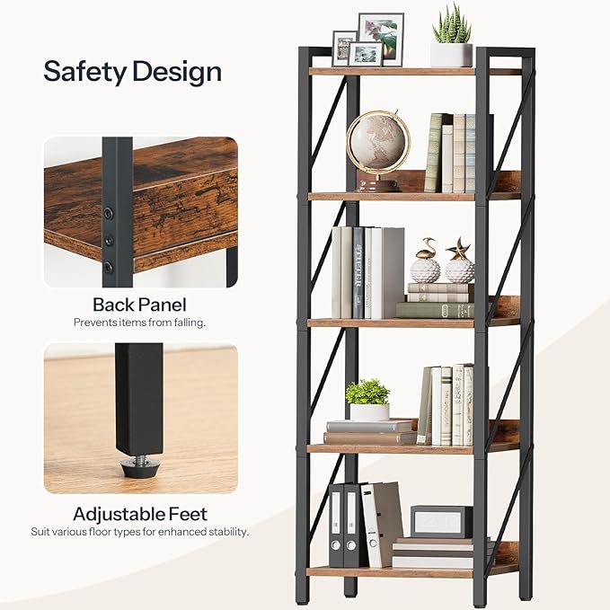 HOOBRO Bookshelf, 5-Tier Industrial Bookcase, Book Shelf Storage Organizer, T...
