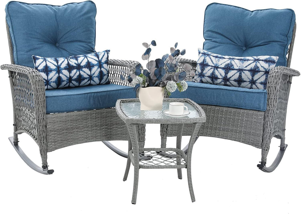 Patio Furniture Set 3 Pieces, Wicker Outdoor Rocking Bistro Set, Blue | VONZO...