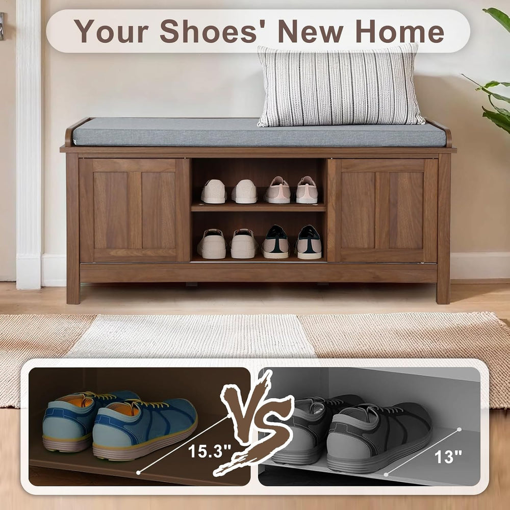 2-Tier Shoe Storage Bench,43" Wooden Shoe Cabinet with Sliding Doors,Wal...