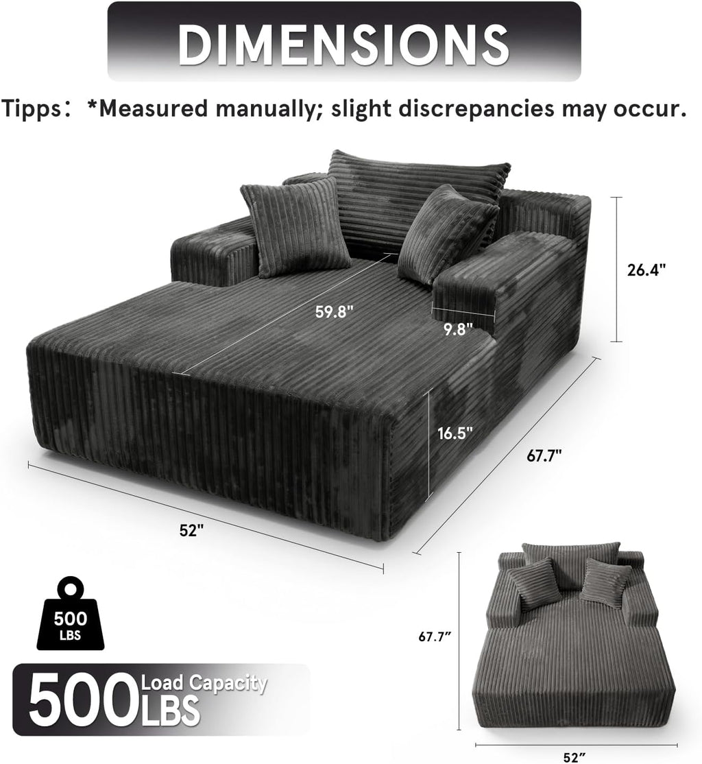 Chaise Lounge with Armrests, Oversized Sofa Bed with 3 Pillows, Cozy Couch, Sleeper Reading Chair for Living Room Bedroom, Floor Sofa Corduroy, Furniture Sala, Volcanic Ash