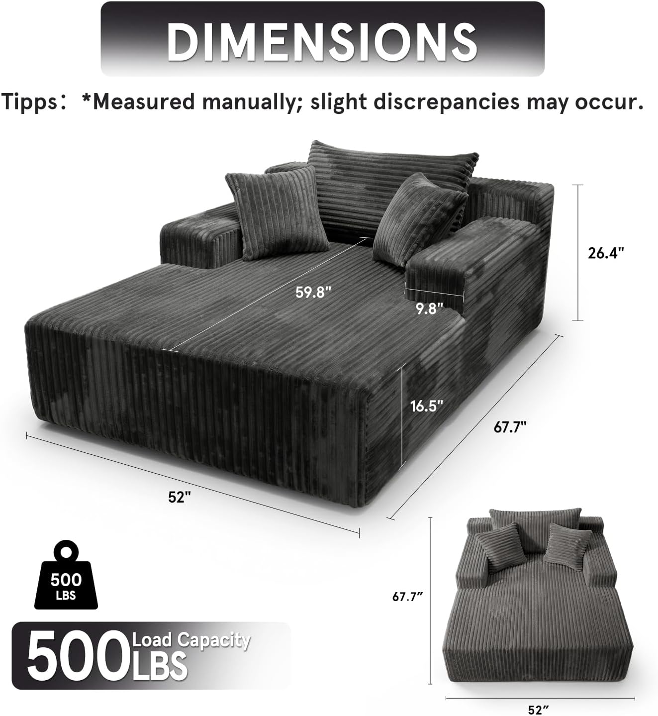 Chaise Lounge with Armrests, Oversized Sofa Bed with 3 Pillows, Cozy Couch, Sleeper Reading Chair for Living Room Bedroom, Floor Sofa Corduroy, Furniture Sala, Volcanic Ash