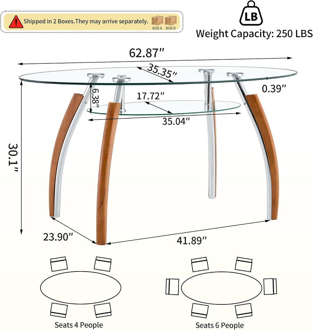 62.87" Glass Dining Table for 4-6, Modern Oval Dining Room Table with 0....