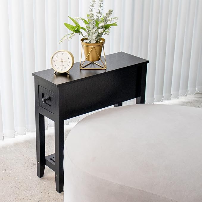 Narrow End Table, Black Couch Table with Drawer, Slim Bed Side Table for Small Space/Night Stand Set of 2, Side Table for Couch
