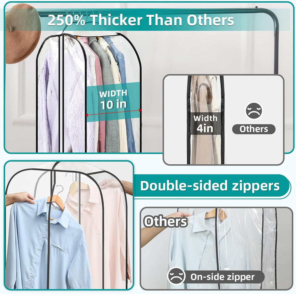 LANDNEOO 6 Pack Clear Garment Bags for Hanging Clothes with Zippers on Double Sides - 32&40&60" Long Suit Bags - 10'' Clothes Storage for Coat, Dress, and Fur in Closet