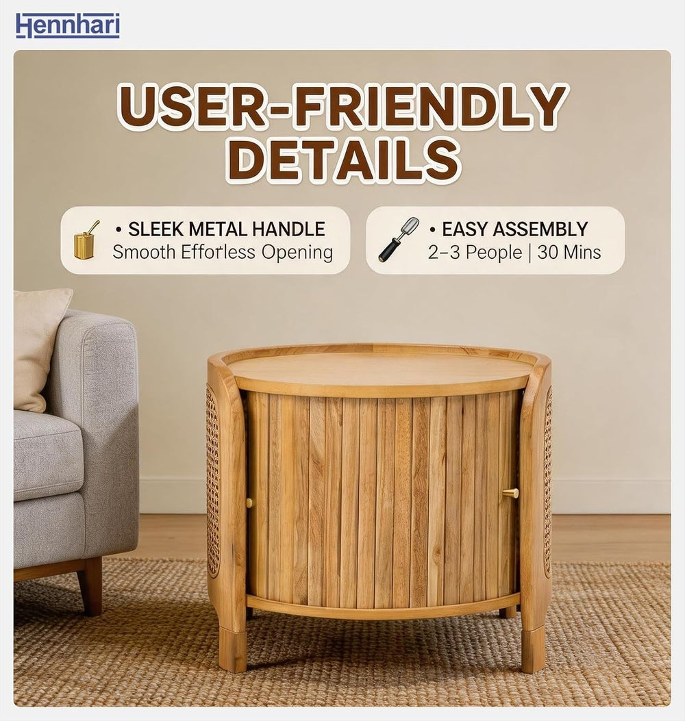 Acacia Wood Rattan Coffee Table, Side Table with Woven Cane Doors, Round End ...