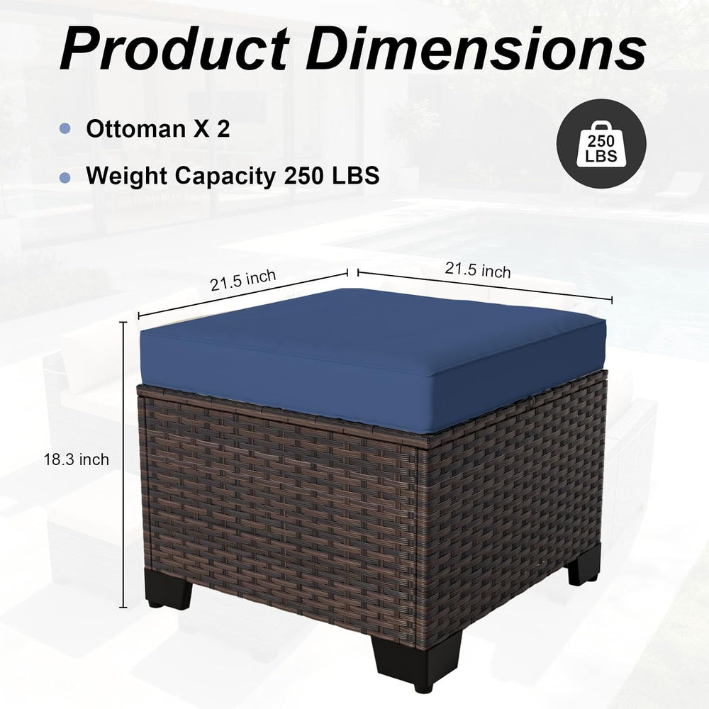 2 Pieces Wicker Ottomans, All Weather Rattan Patio Ottoman with Removable Cus...