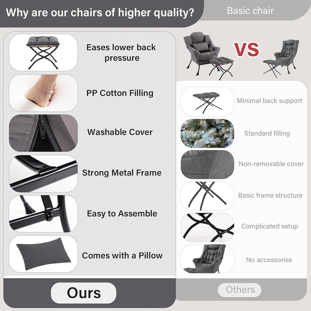 Furlide Lazy Chair with Ottoman, Comfy Fabric Accent Lounge Arm Chair with Lumbar Pillow and Folding Footrest, Reading Leisure Sofa Armchair for Bedroom, Living Room, Dorm,Dark Grey | Comfy Accent Lounge Chair with Pillow & folding Foot Stool, sturdy