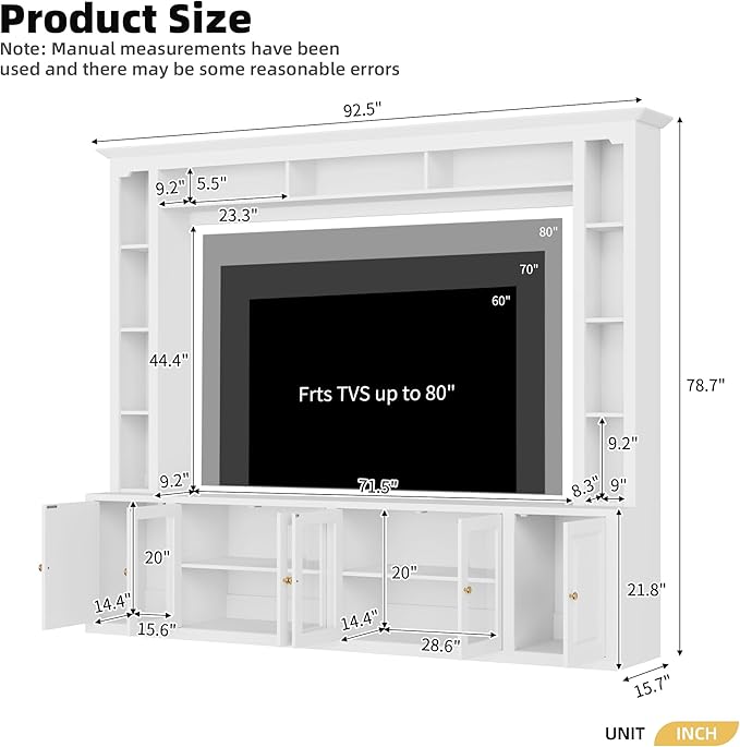 Merax Minimalist Entertainment Center Set with Bookshelves, All-in-1 Large TV Wall Unit for TVs Up to 80'', 92 Inch Media TV Cabinet withTempered Glass Door for Living Room, White