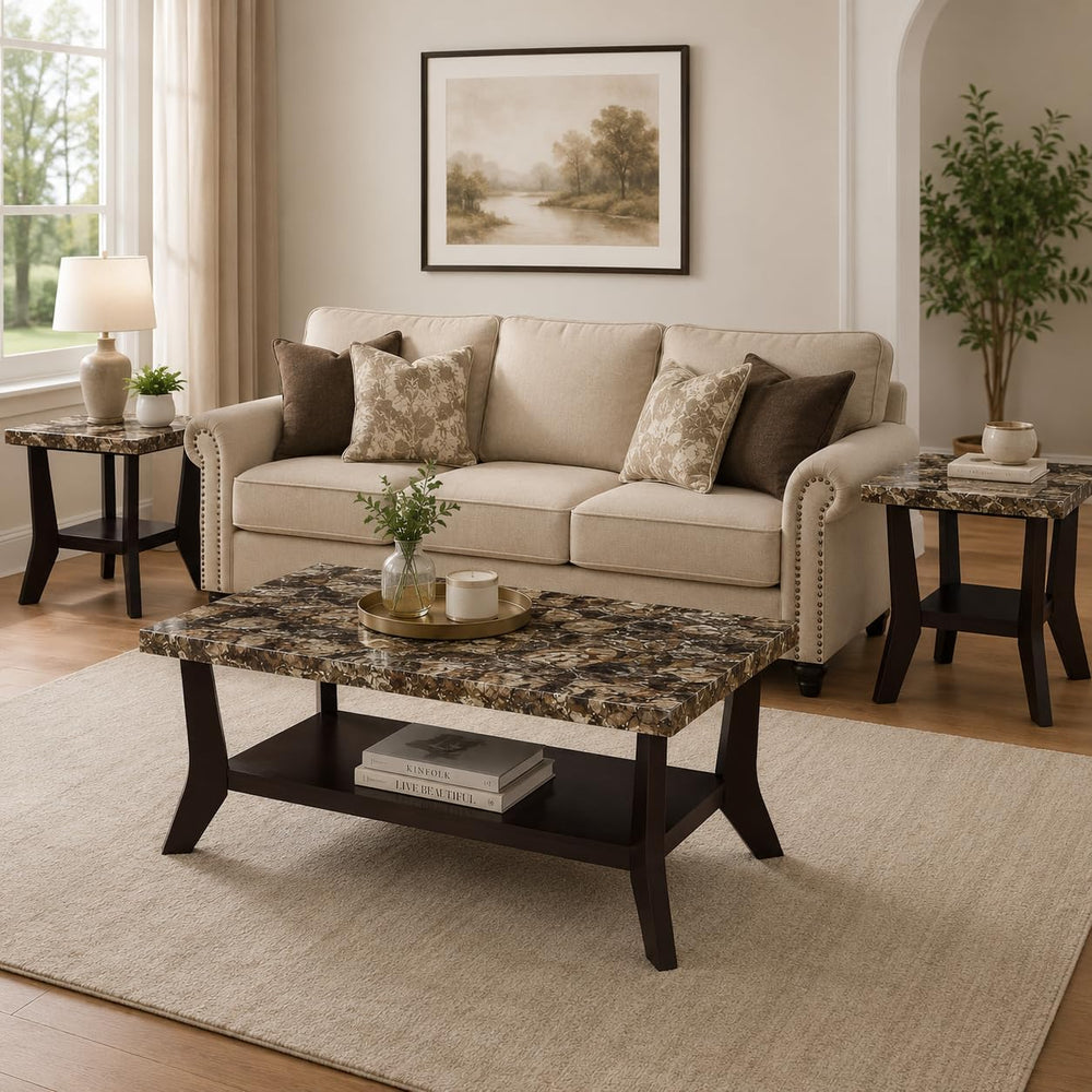Faux Marble Coffee Table 3-Piece Set Rectangular Coffee Table with Two Matchi...