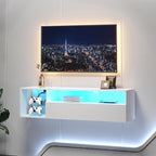 SogesHome 39'' Floating TV Stand with LED Lights, Wall Mounted Entertainment Center with 3 Storage Shelves, Modern Media Console Cabinet for Living Room and Bedroom, White