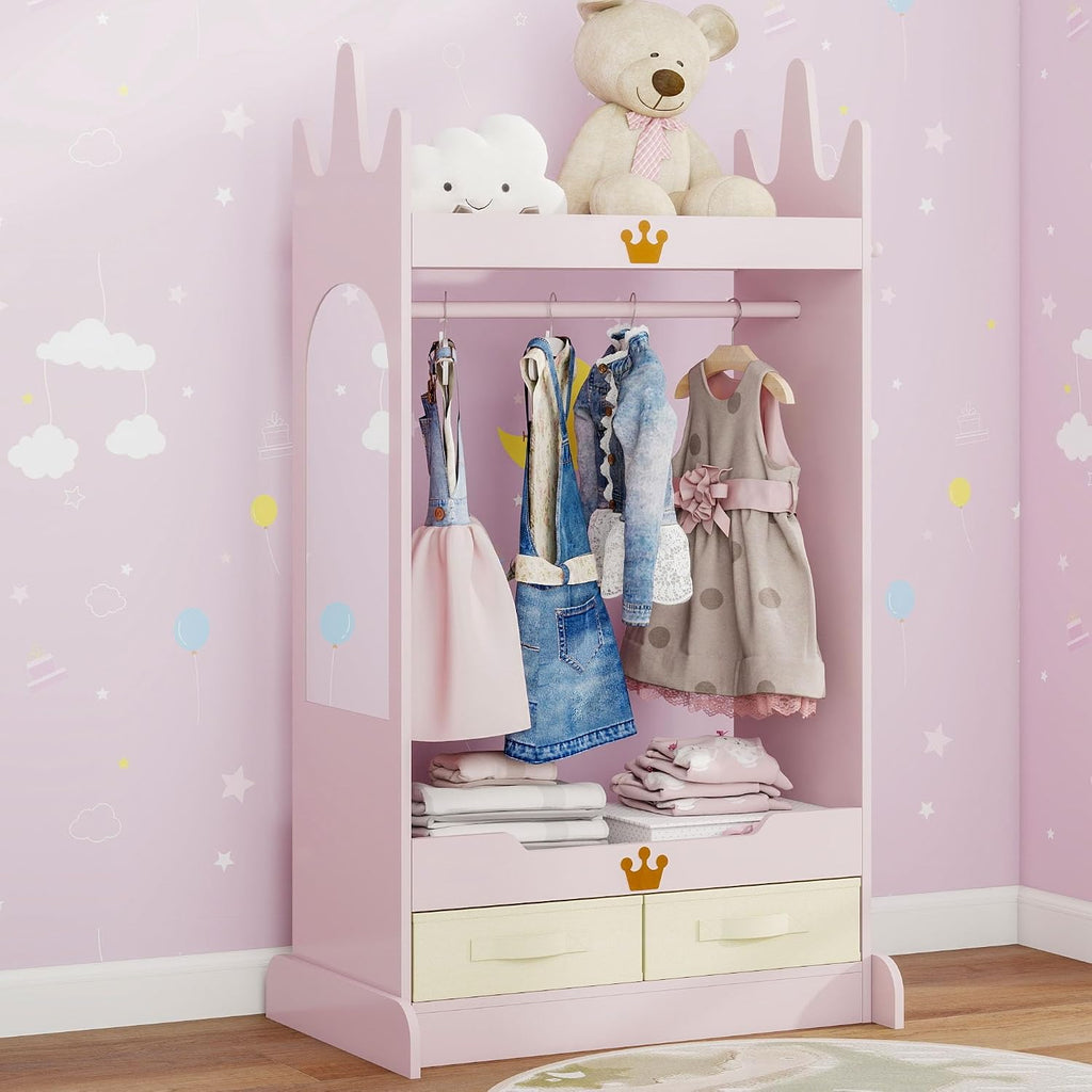 FTZxHKLX Kids Dress Up Storage with Mirror, Kids Open Hanging Armoire, Pink | Open Hanging Armoire Closet with Storage, Costume Storage Dresser with 3 Hooks, Crown-Shaped Design, Princess Style