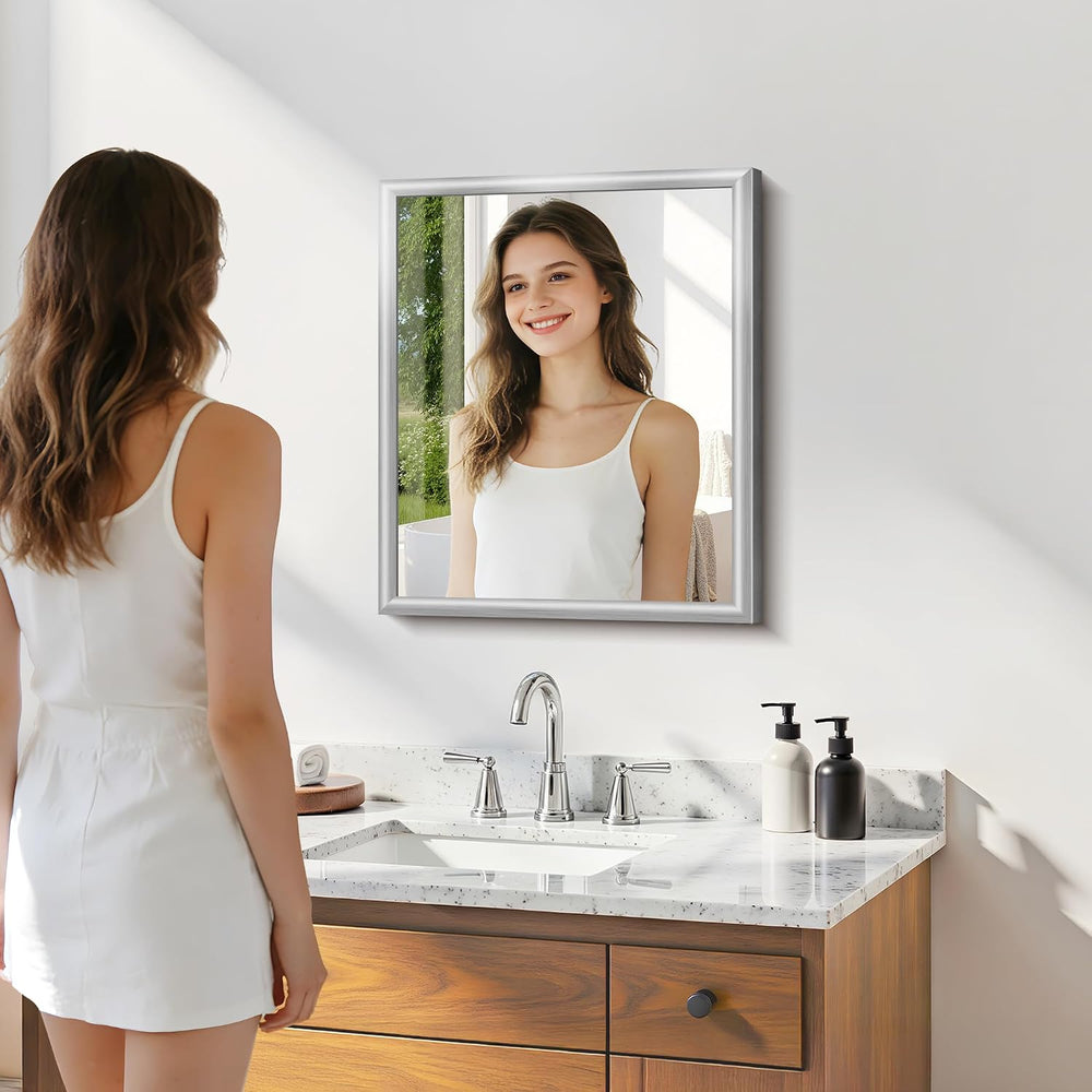 20x24 Inch Brushed Silver Bathroom Mirror, Raised Metal Framed Bathroom Vanit...