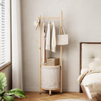 CycleCrew Solid Wood Coat Rack with Fabric Basket - Freestanding Coat Rack Rolling Coat Tree with 9 Hooks Wheels, Small Clothes Rack For Entryway Bedroom Hallway Living Room