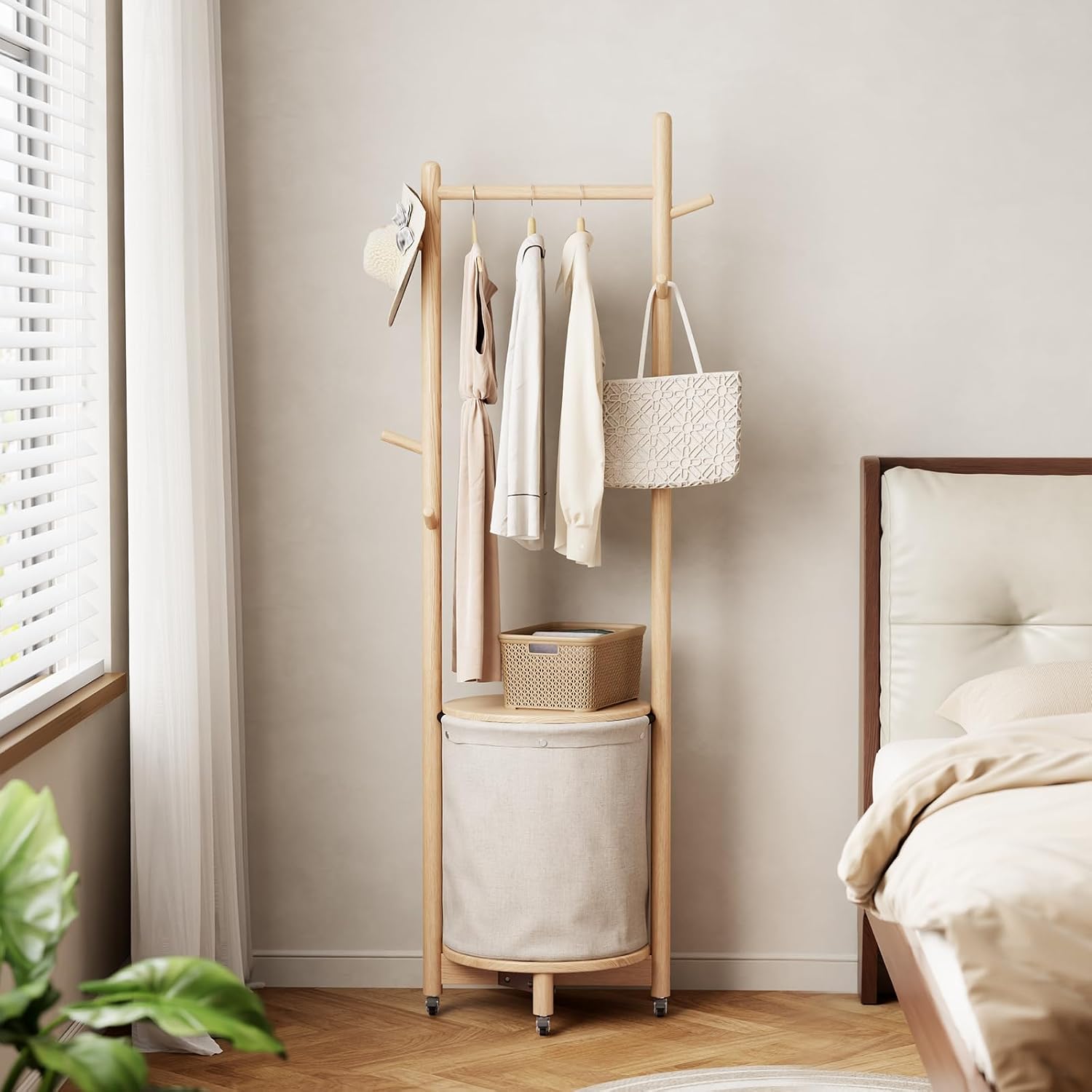 CycleCrew Solid Wood Coat Rack with Fabric Basket - Freestanding Coat Rack Rolling Coat Tree with 9 Hooks Wheels, Small Clothes Rack For Entryway Bedroom Hallway Living Room