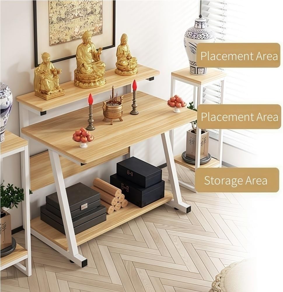 Altar Table with Dual-Tier Design, Compact Home Prayer Table with Storage She...