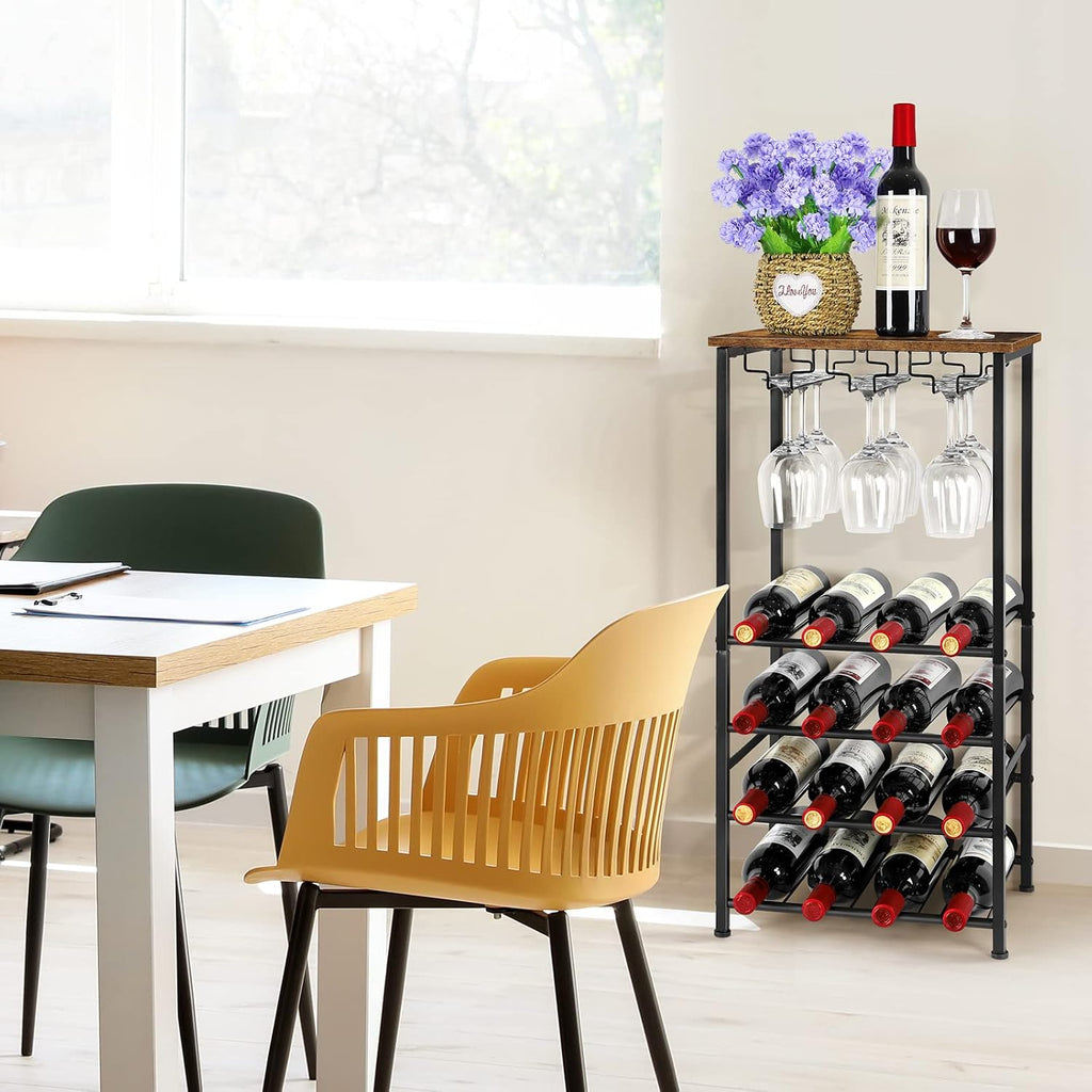 OYEAL Wine Rack Freestanding Floor, Rustic Wine Holder Stand with Wine Storage and Bottle Shelf, 16 Bottles Floor Wine Rack Shelf for Kitchen Dining Room, Office, Bar, Rustic Brown