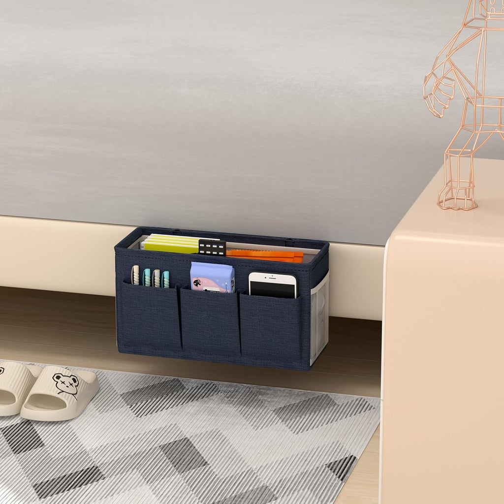 Dual-purpose Bedside Caddy Bedside Organizer, Bed Caddy with 6 Pockets, Versatile Bedside Storage Solution Magazine Remotes holder, ideal for Home, Dorm, Hospital, Crib Bed (Navy)