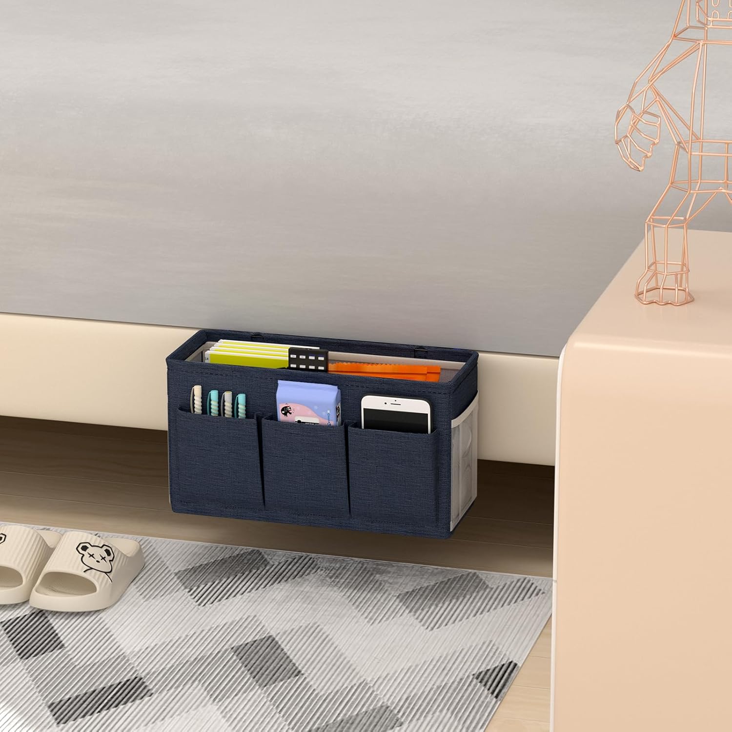 Dual-purpose Bedside Caddy Bedside Organizer, Bed Caddy with 6 Pockets, Versatile Bedside Storage Solution Magazine Remotes holder, ideal for Home, Dorm, Hospital, Crib Bed (Navy 2pcs)