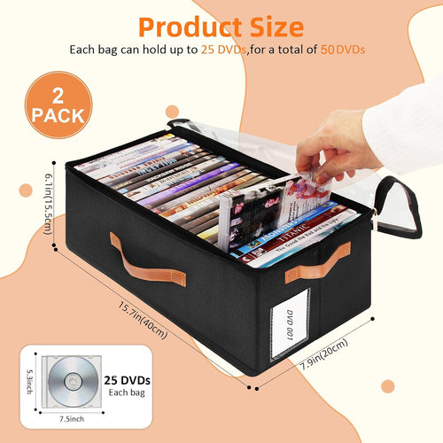 2 Pack DVD Storage Box, Stackable Oxford Fabric DVD Cases Holder with Front Zippered Clear Window and Handles, 15.7 x 7.9 x 6.1 In, Foldable DVD Organizer Rack, Holds Up to 50 DVDs (25 Each)