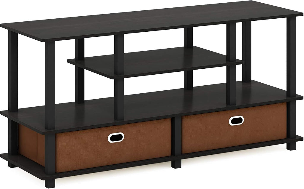 Furinno Jaya Toolless Assembly TV Stand for TV up to 55 Inch, 4-Tier Entertainment Center, TV Console with 2 Storage Bins, for Living Room, Bedroom, Home Office, Black Espresso