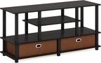 Furinno Jaya Toolless Assembly TV Stand for TV up to 55 Inch, 4-Tier Entertainment Center, TV Console with 2 Storage Bins, for Living Room, Bedroom, Home Office, Black Espresso