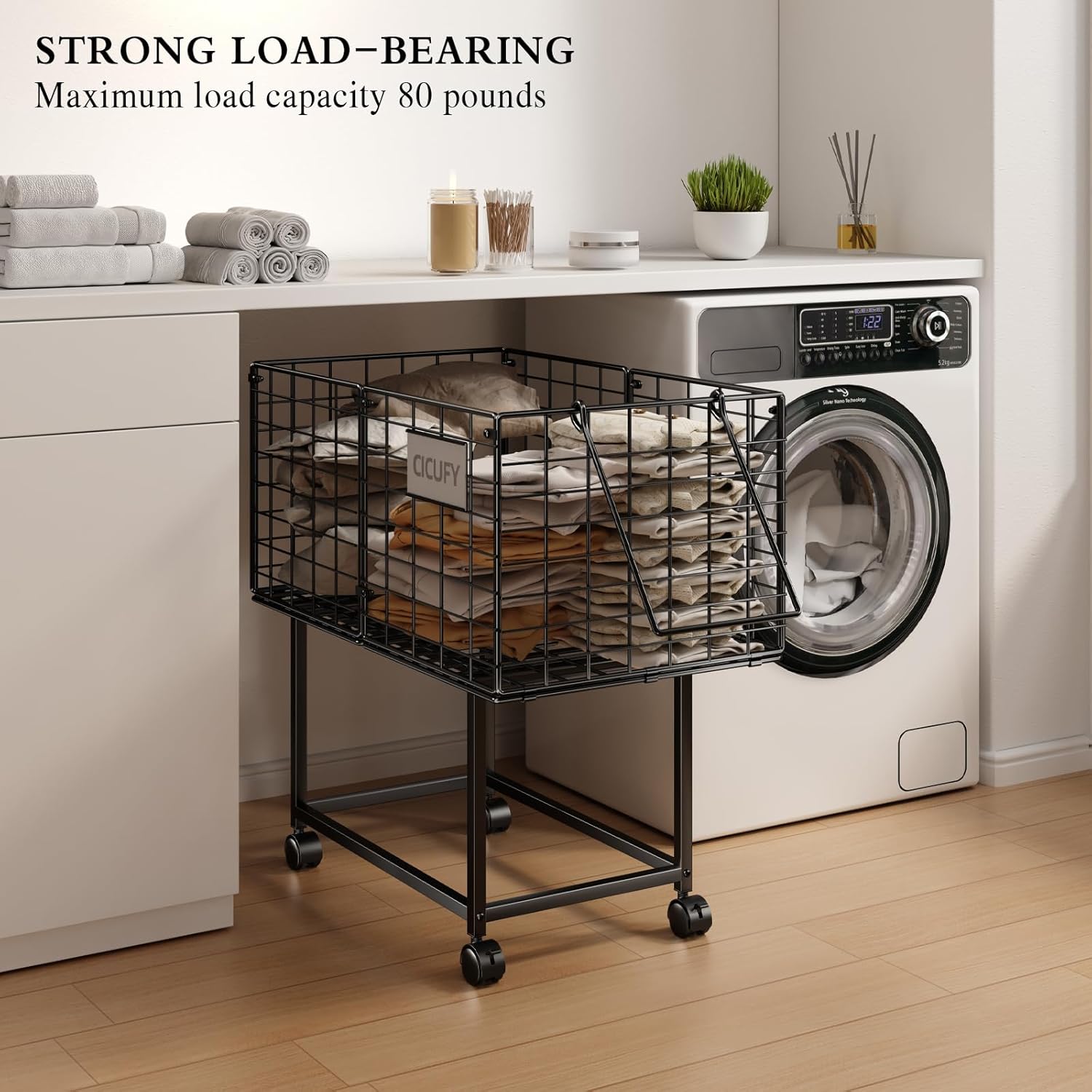 Wire Laundry Hamper, 80L Rolling Laundry Basket Cart on Wheels, Dirty Clothes Basket with Handle, Metal Clothes Hamper Organizer for Laundry Room, Bathroom, Bedroom, Dorm, Black