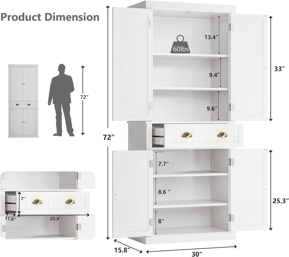 72" Kitchen Pantry,Tall Storage Cabinets with Doors and Shelves,Freestan...