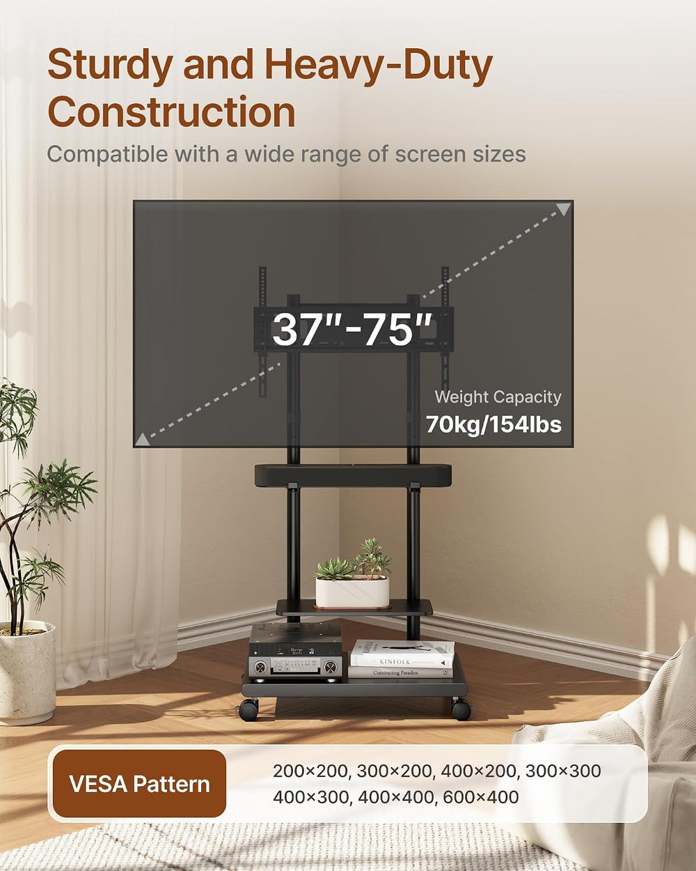 Rolling TV Stand with Soundbar Mount for 37-75inch TVs up to 154lbs | Swivel&...