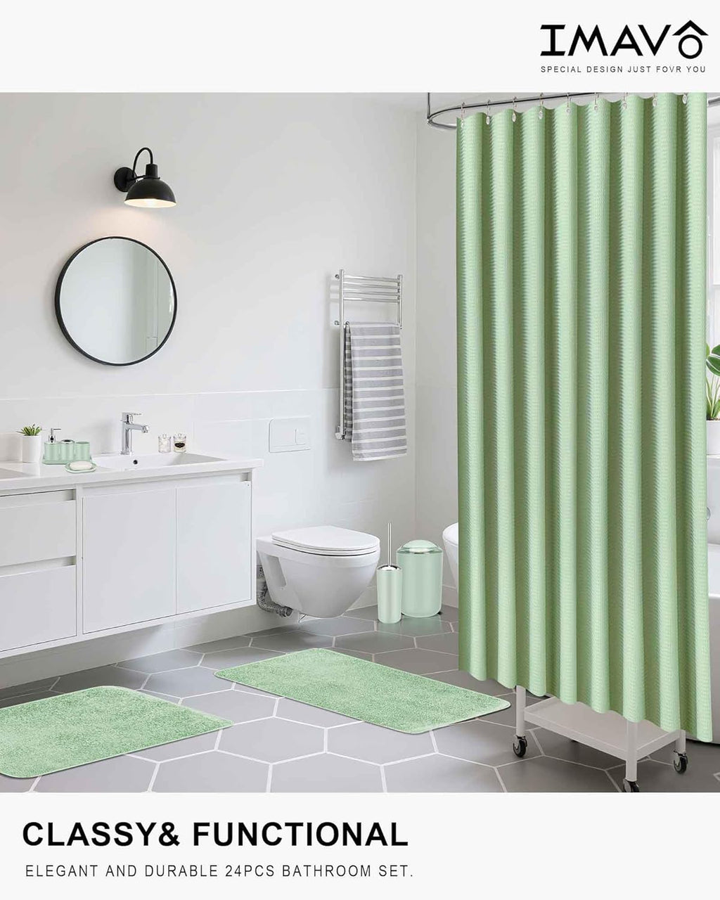 IMAVO Green Bathroom Accessories,Non Slip Super Absorbent Rugs and Waterproof Shower Curtain with Hooks,Complete Bathroom Set for Bathroom Décor