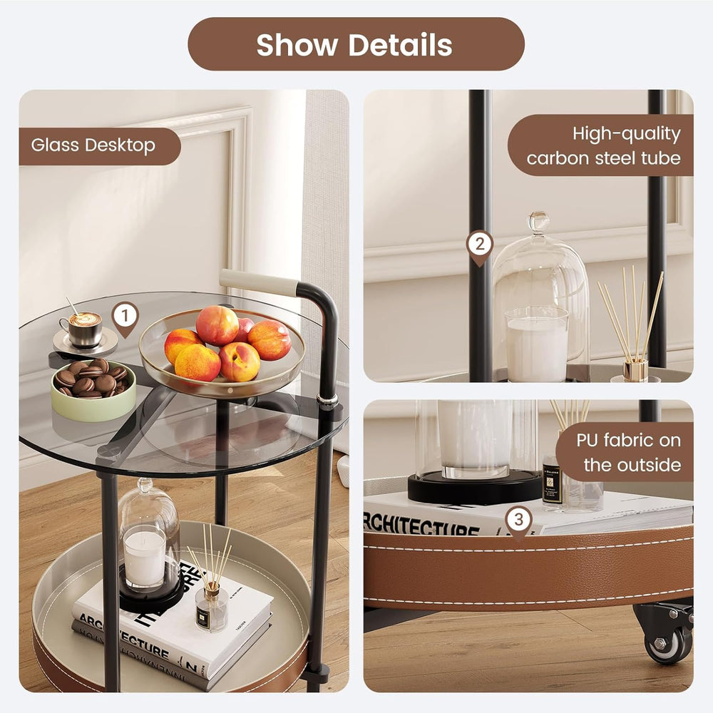 Sofa Side Table, 2-Tier Metal Frame Glass Top End Table on Wheels, Round Besi...