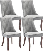 Grey Dining Chairs Set of 4，Linen Channel Tufted Kitchen Dining Room Chair with Curved Solid Wood Legs, Comfortable Fabric Upholstered Dining Chair for Dining Room, (Grey, 4pc)