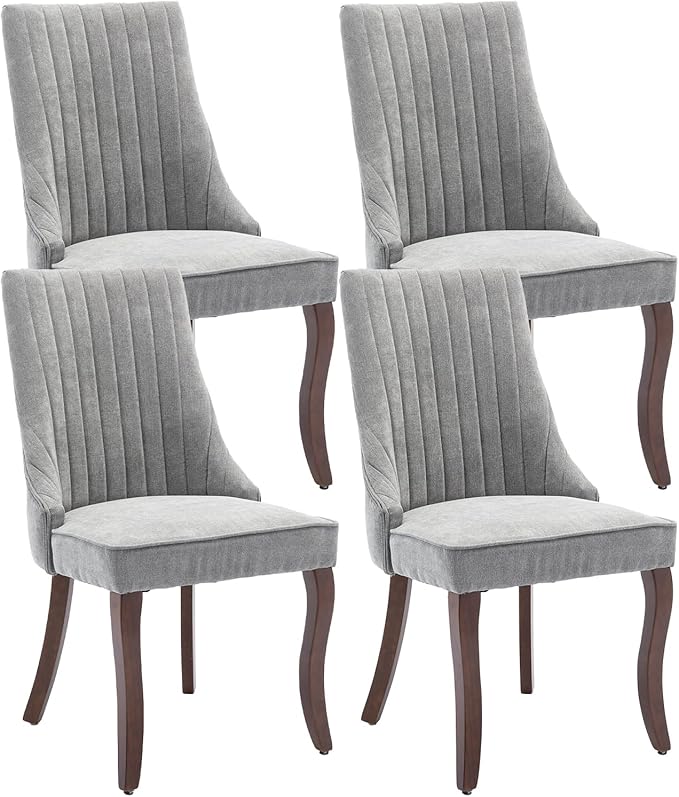 Grey Dining Chairs Set of 4，Linen Channel Tufted Kitchen Dining Room Chair with Curved Solid Wood Legs, Comfortable Fabric Upholstered Dining Chair for Dining Room, (Grey, 4pc)