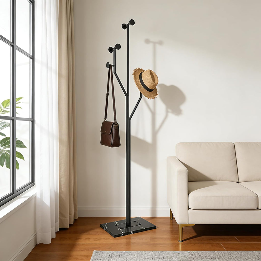 JIAYUEJU Freestanding Coat Rack Tree-shaped Metal Coat Tree with Heavy Duty Marble Base Corner Clothing Rack for Bedroom Entryway Hallway 14.96 x 10.24 x 68.9 Inches (Black)