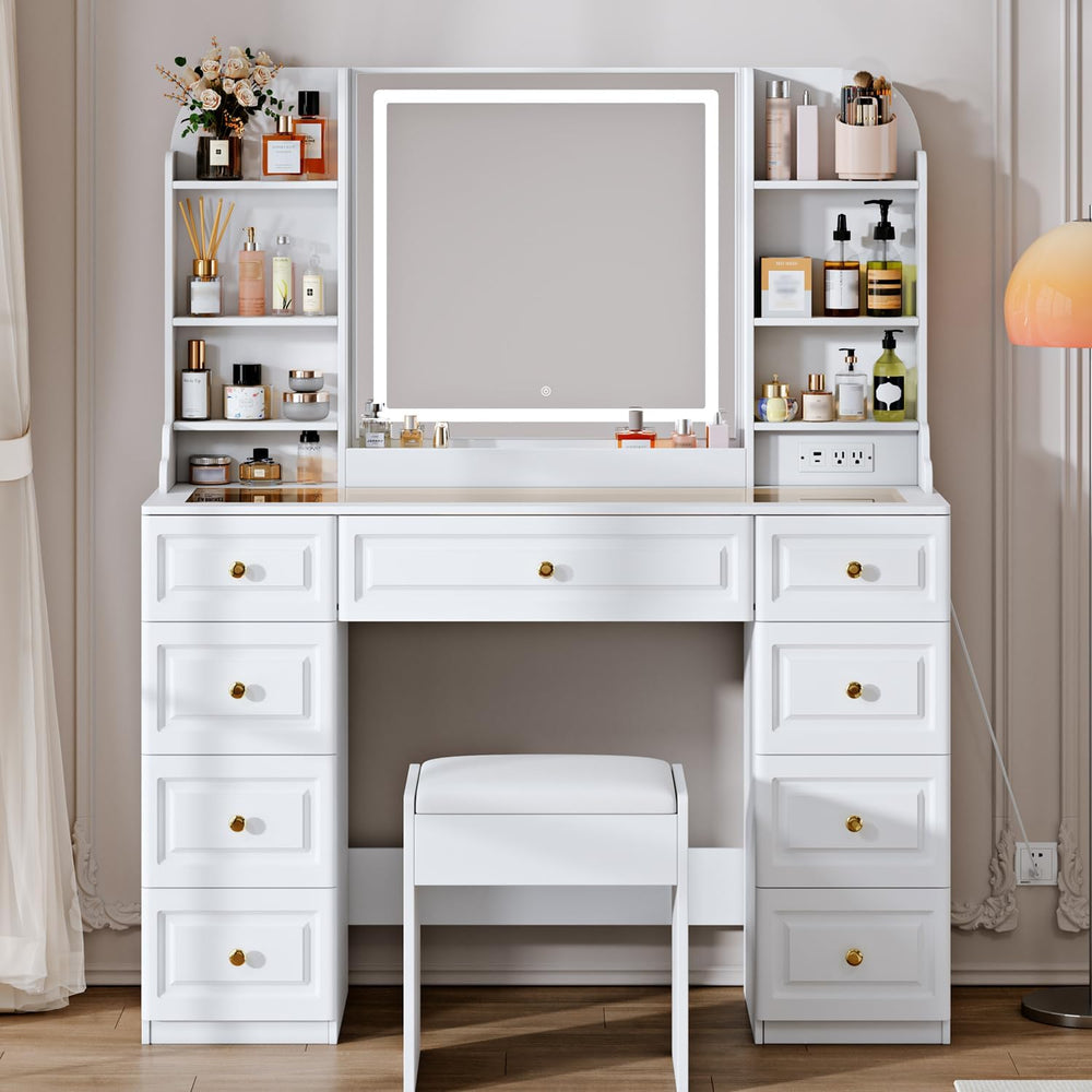 Arulvmrn 43" Makeup Vanity Desk with Mirror and Lights, & Power Outl...
