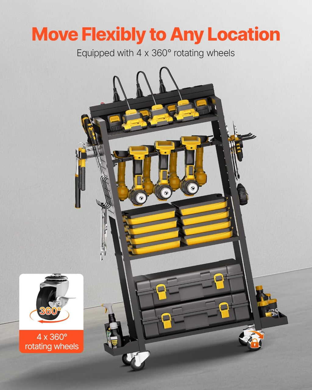 VEVOR 4-Tier Tool Organizer Cart with Charging Station, 8 AC Outlet, Floor Stand Rolling Drill Holder and Tool Battery Storage Rack on Wheels, Garage Floor Rolling Storage Cart for Workshop, Garage