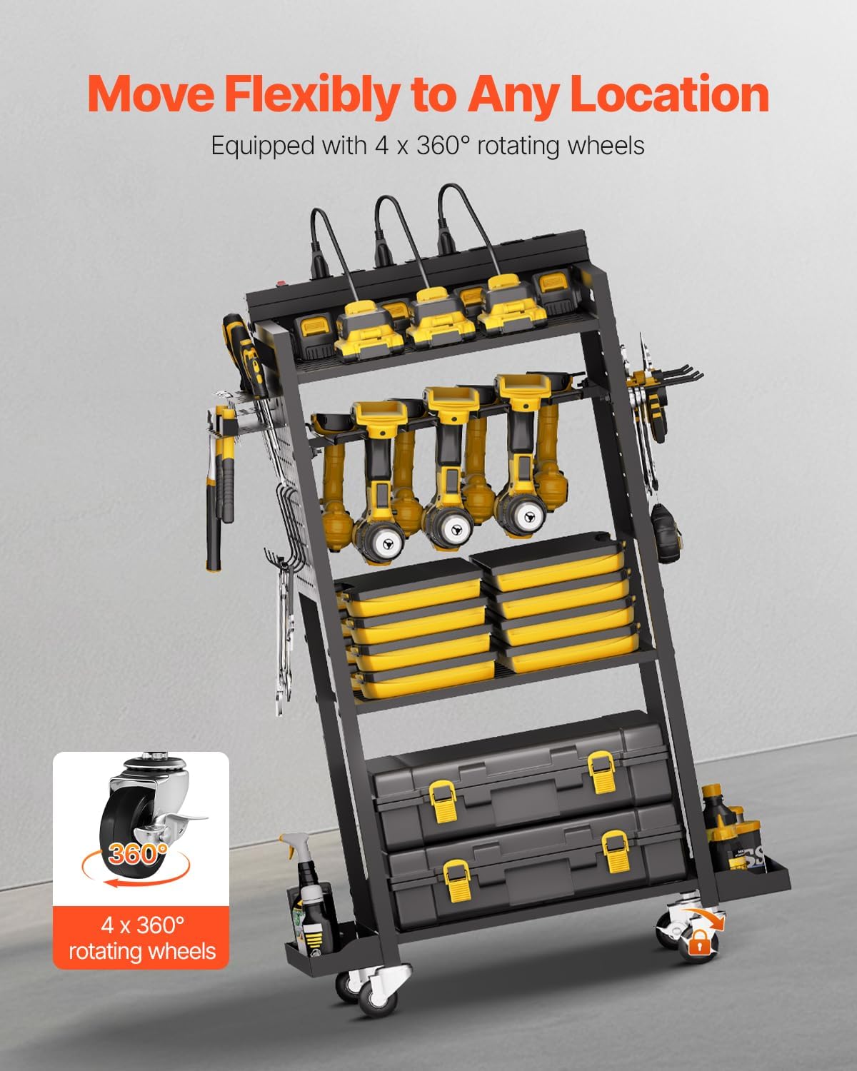 VEVOR 4-Tier Tool Organizer Cart with Charging Station, 8 AC Outlet, Floor Stand Rolling Drill Holder and Tool Battery Storage Rack on Wheels, Garage Floor Rolling Storage Cart for Workshop, Garage