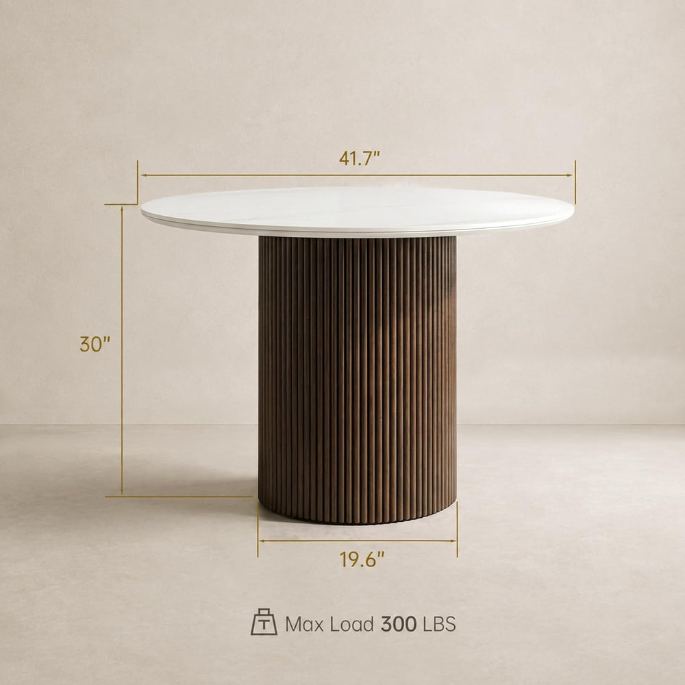 42 Inch Round Dining Table for 4, Modern White Marble Table with Fluted Solid...
