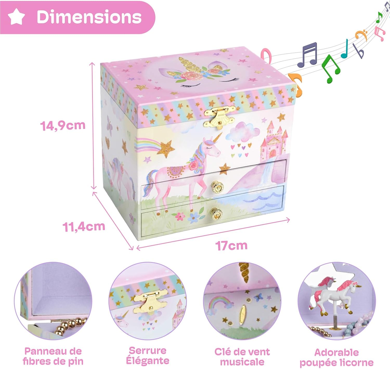 Jewelkeeper Enchanting Unicorn Musical Jewelry Box for Girls - Sparkling Rainbow Design Music Box with 2 Pullout Drawers to Store Earrings, Necklace and Bracelets - Plays The Beautiful Dreamer Tune