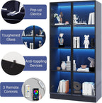 Glass Display Cabinet with LED Lights Set of 2, Display Case Bookcase with 4-Tier Shelves, Curio Cabinet with 2 Glass Doors, Storage Cabinet for Collectibles, Living Room
