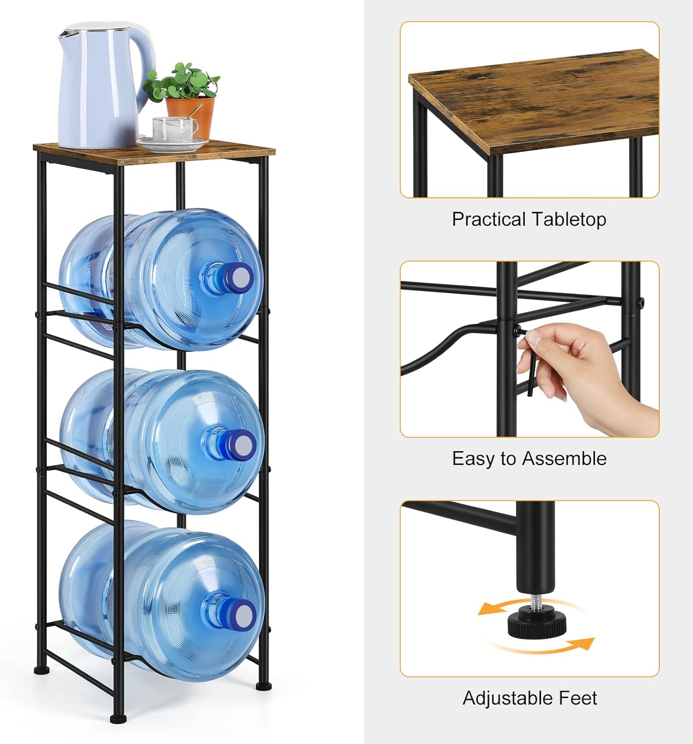 5 Gallon Water Bottle Jug Holder 3-Tier Water Bottle Holder Organizer with Top Shelf, Heavy Duty Water Dispenser Stand Rack for Kitchen Living Room Office, Rustic Brown