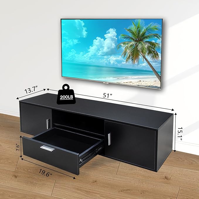 Modern TV Stand for 55 Inch TV – Black Entertainment Center with LED Lights & Spacious Storage Cabinets, Sturdy Media Console for Family Living Room or Bedroom